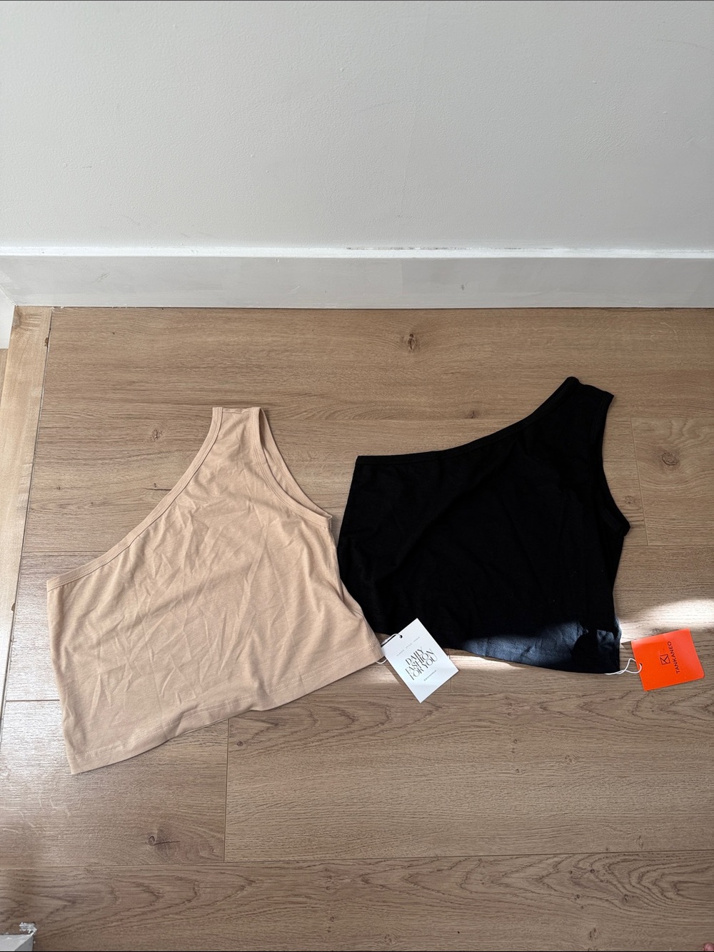 Women’s One-Shoulder Crop Camisoles - Black & Beige